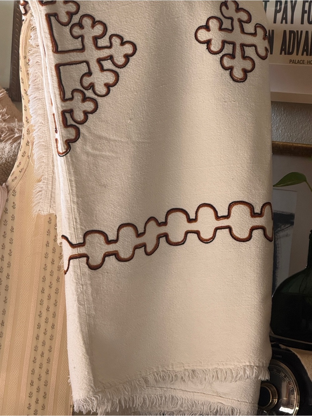 traditional white Ethiopian handwoven cotton blanket  brown embroidered crosses - Picture 2 of 11